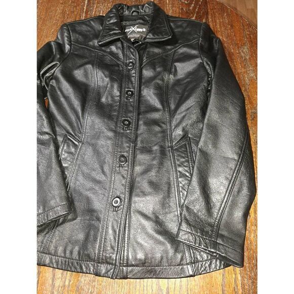 Vintage Small Maxima Wilson Black Leather Button Front Coat Jacket Long Sleeve - Picture 2 of 9
